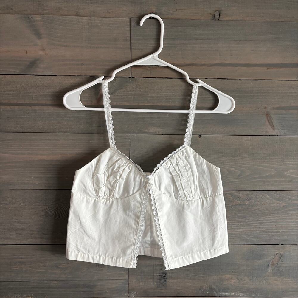 MAJORELLE | Revolve White Cotton Crop Cami Lace Trim Open Front Sz S